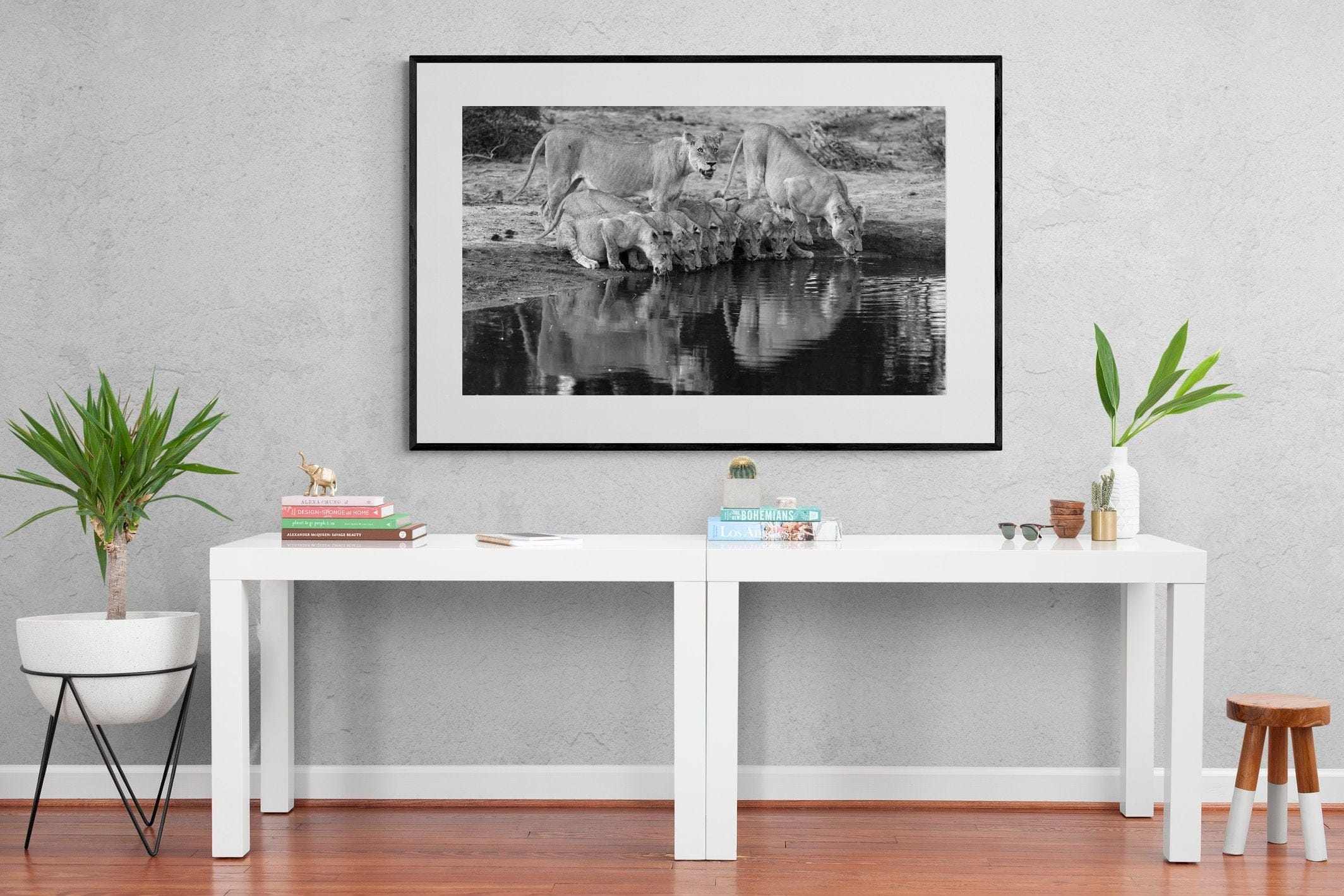 Lion Lake Family-Wall_Art-150 x 100cm-Framed Print-Black-Pixalot