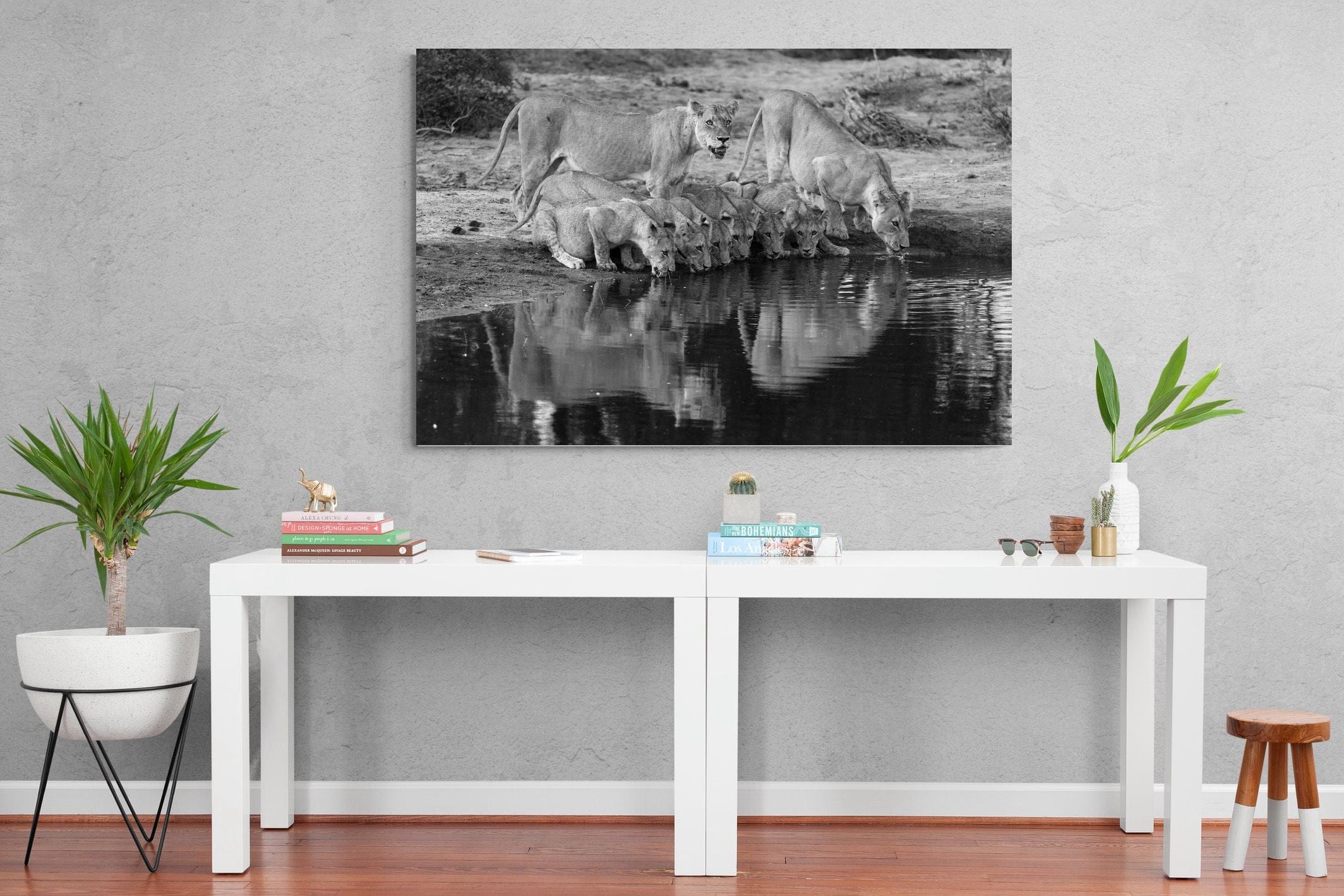 Lion Lake Family-Wall_Art-150 x 100cm-Mounted Canvas-No Frame-Pixalot