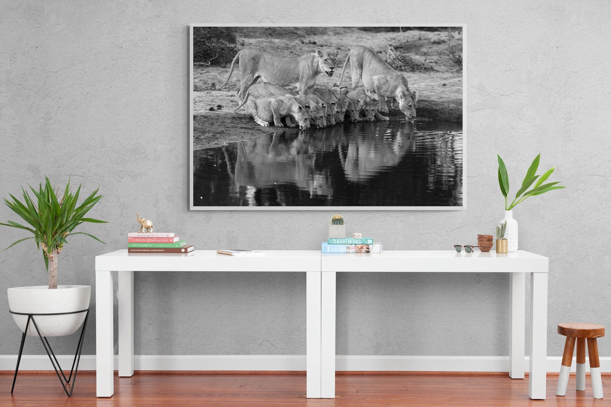 Lion Lake Family-Wall_Art-150 x 100cm-Mounted Canvas-White-Pixalot
