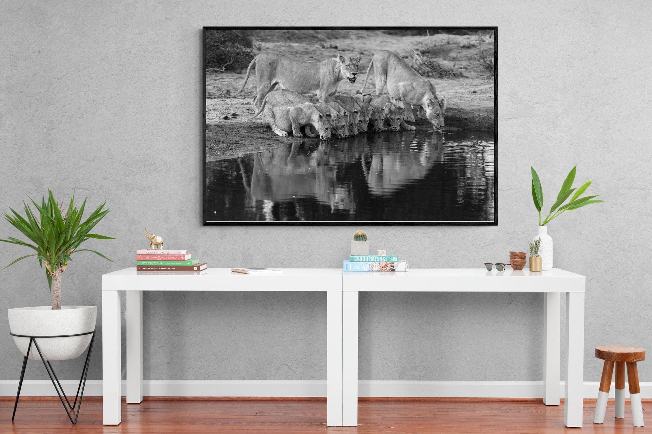 Lion Lake Family-Wall_Art-150 x 100cm-Mounted Canvas-Black-Pixalot