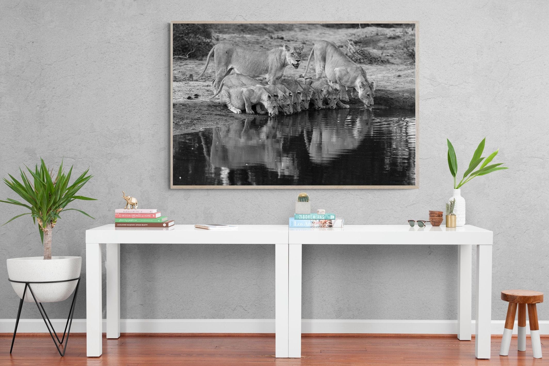 Lion Lake Family-Wall_Art-150 x 100cm-Mounted Canvas-Wood-Pixalot