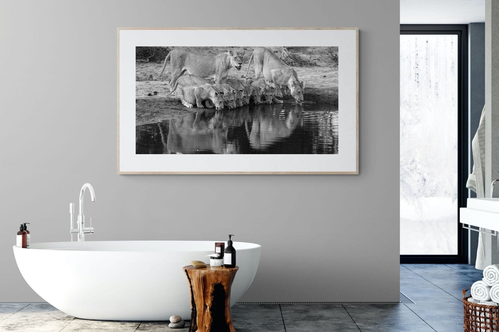 Lion Lake Family-Wall_Art-180 x 110cm-Framed Print-Wood-Pixalot