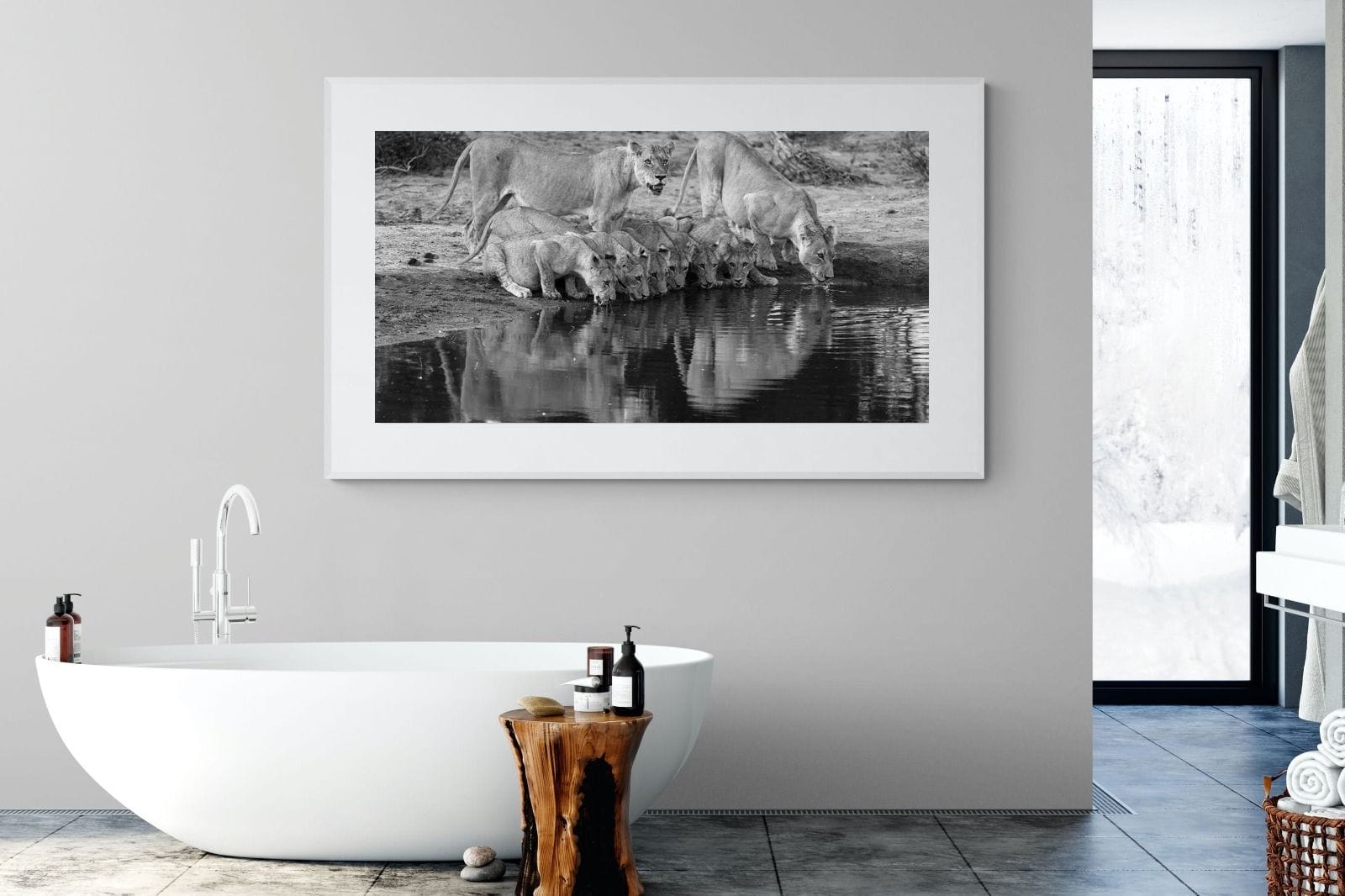 Lion Lake Family-Wall_Art-180 x 110cm-Framed Print-White-Pixalot