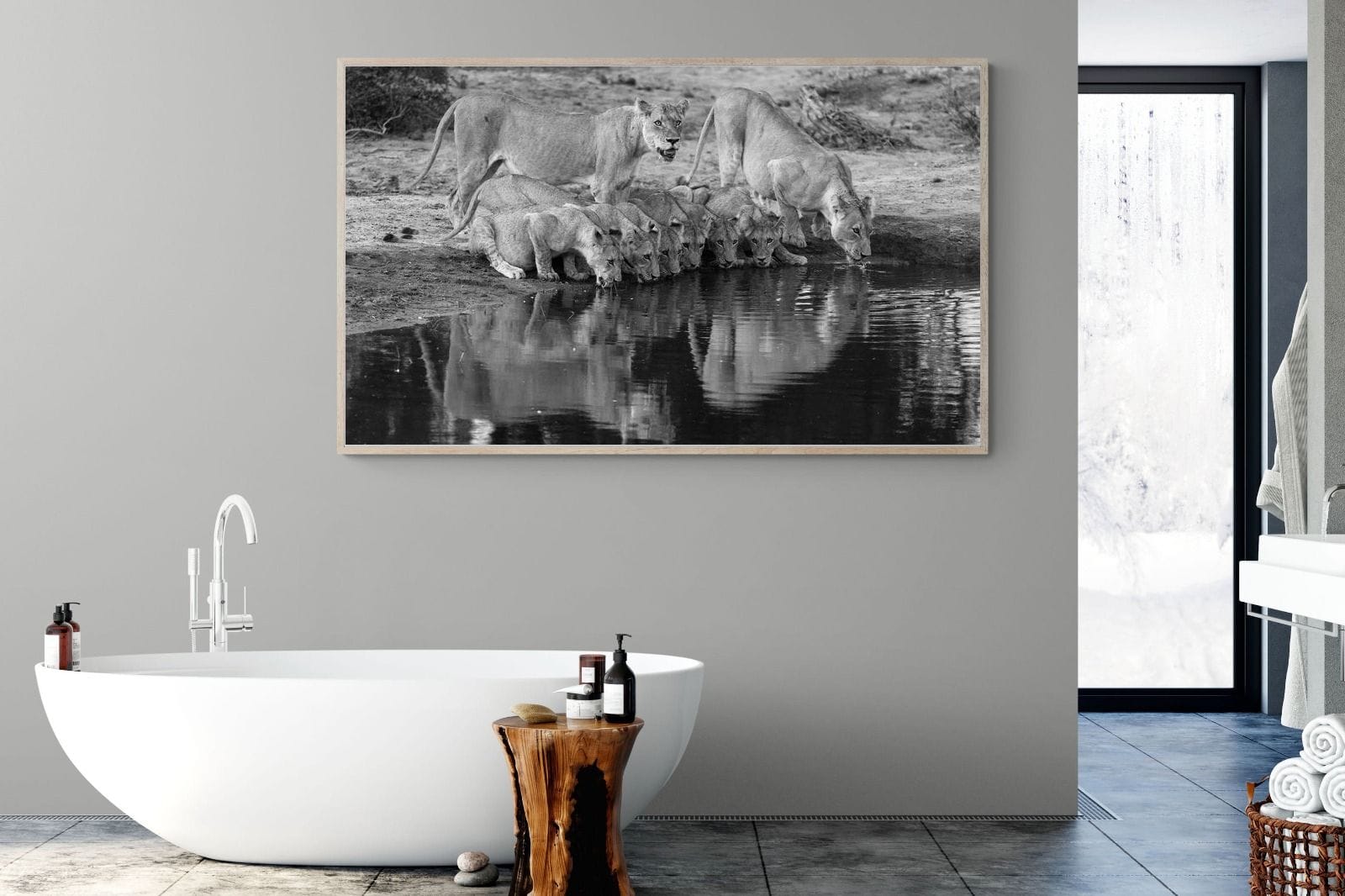 Lion Lake Family-Wall_Art-180 x 110cm-Mounted Canvas-Wood-Pixalot