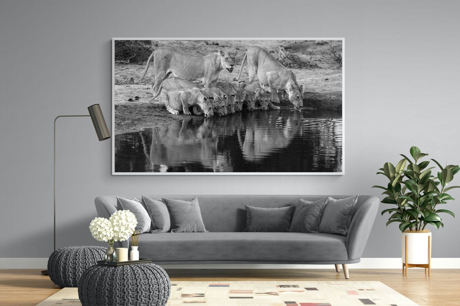 Lion Lake Family-Wall_Art-220 x 130cm-Mounted Canvas-White-Pixalot
