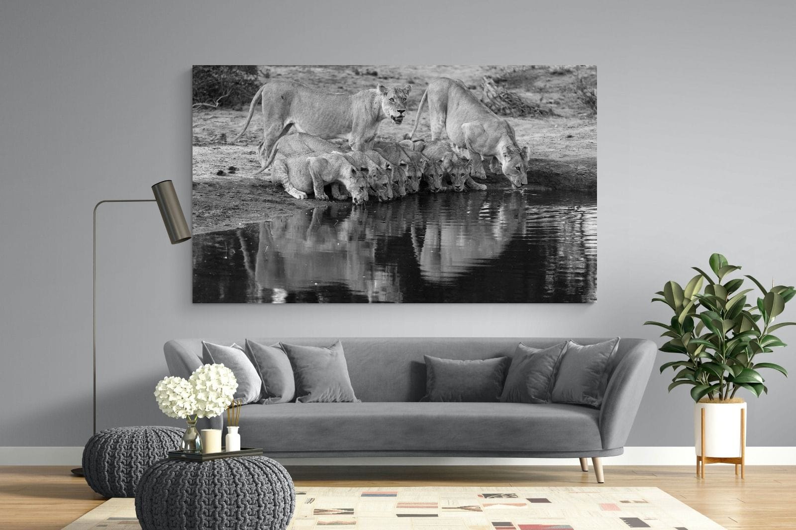 Lion Lake Family-Wall_Art-220 x 130cm-Mounted Canvas-No Frame-Pixalot