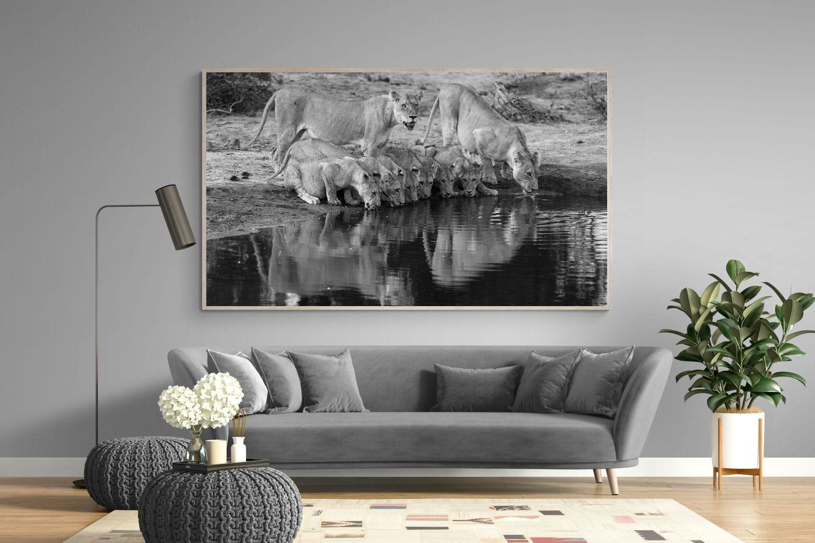 Lion Lake Family-Wall_Art-220 x 130cm-Mounted Canvas-Wood-Pixalot