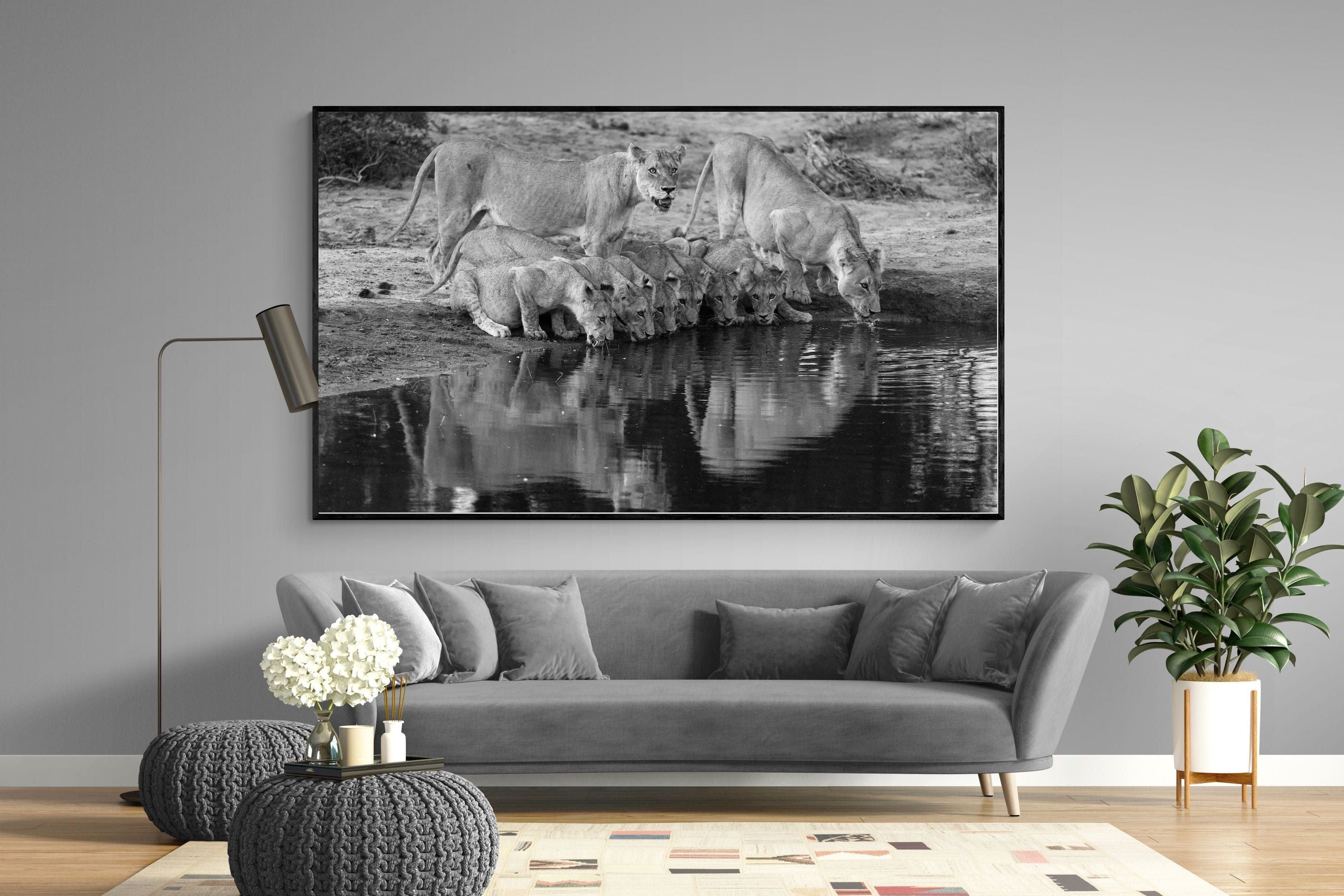 Lion Lake Family-Wall_Art-220 x 130cm-Mounted Canvas-Black-Pixalot