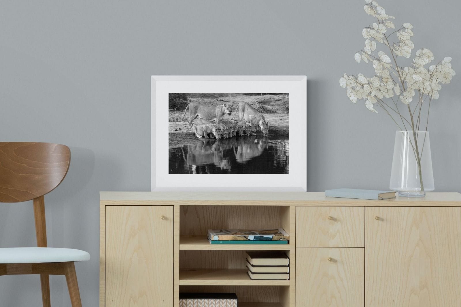 Lion Lake Family-Wall_Art-60 x 45cm-Framed Print-White-Pixalot