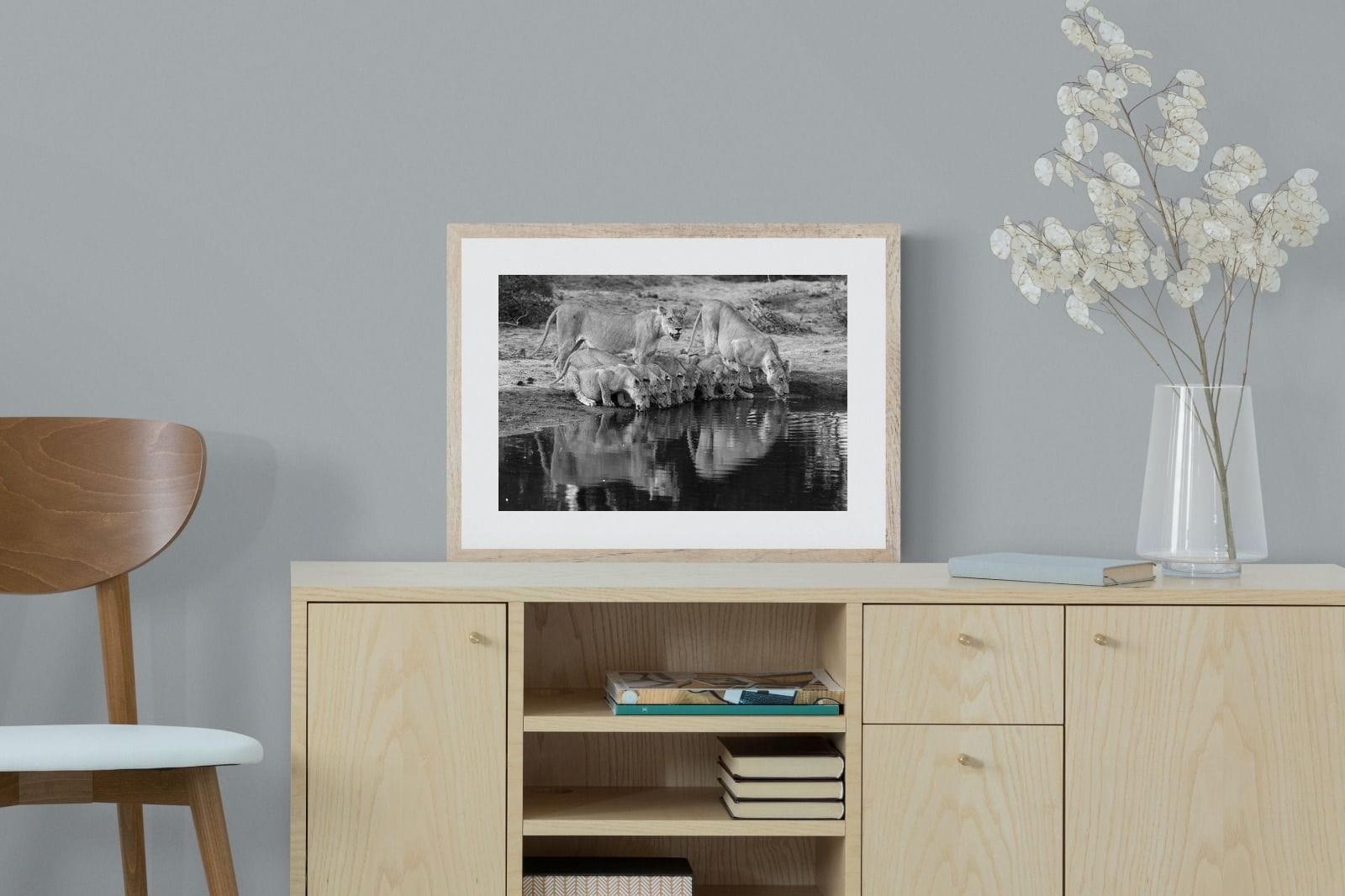 Lion Lake Family-Wall_Art-60 x 45cm-Framed Print-Wood-Pixalot