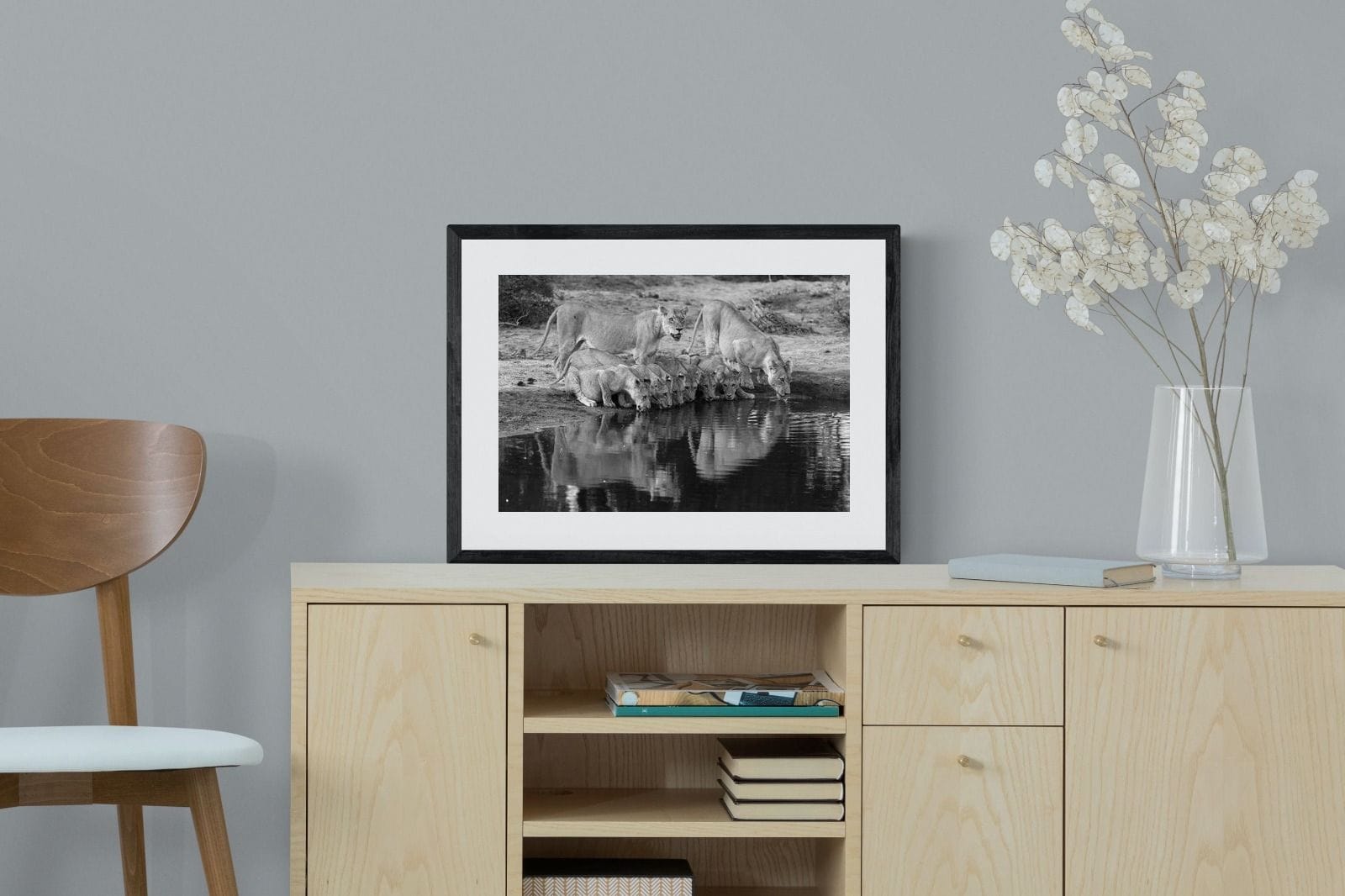 Lion Lake Family-Wall_Art-60 x 45cm-Framed Print-Black-Pixalot