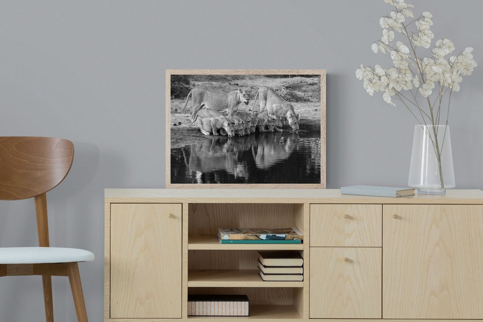 Lion Lake Family-Wall_Art-60 x 45cm-Mounted Canvas-Wood-Pixalot
