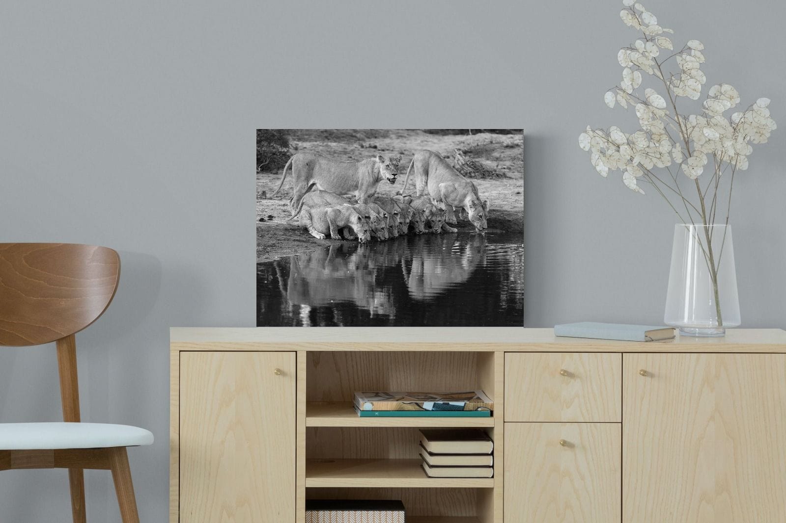 Lion Lake Family-Wall_Art-60 x 45cm-Mounted Canvas-No Frame-Pixalot