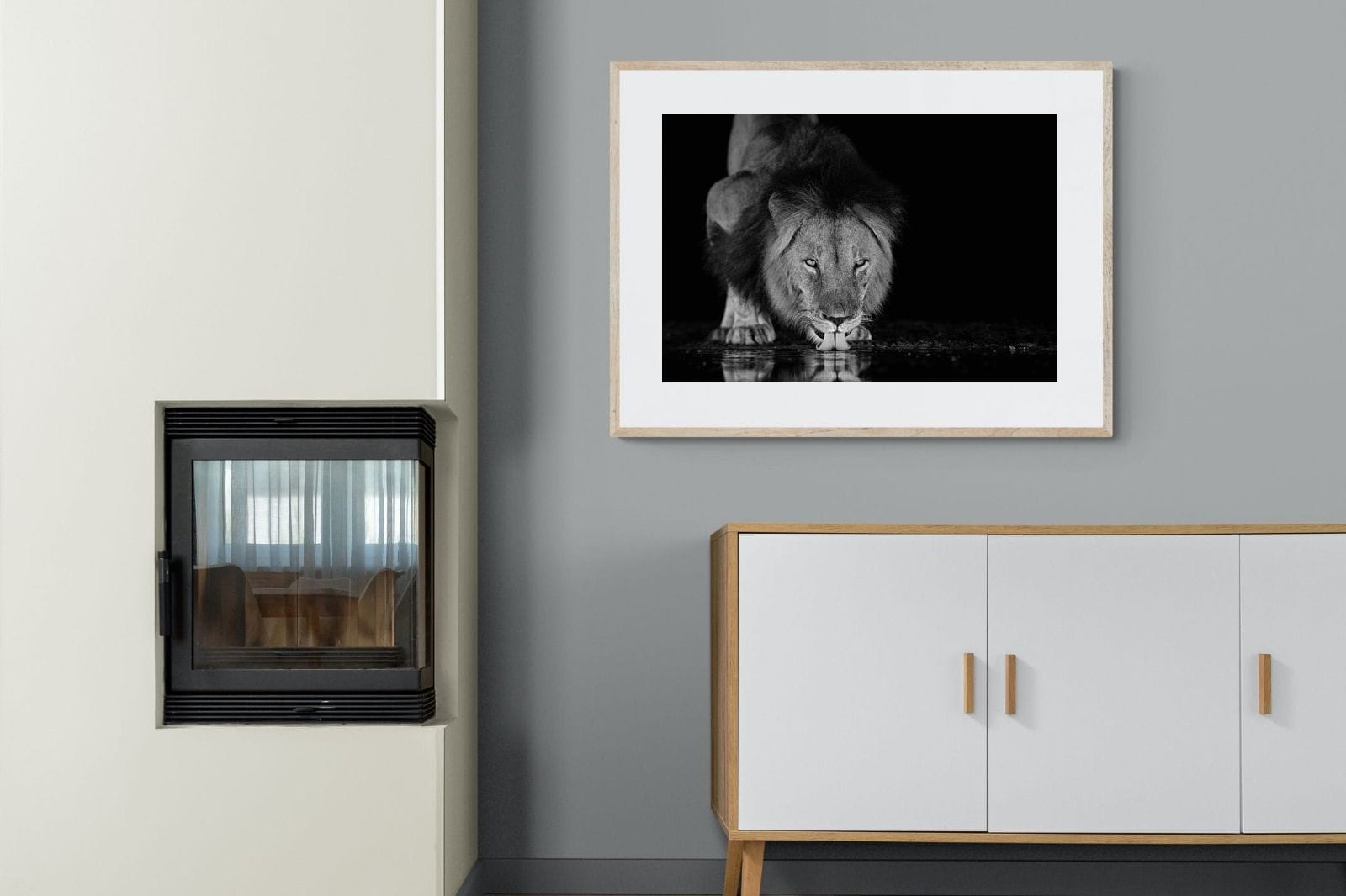 Lion Lake-Wall_Art-100 x 75cm-Framed Print-Wood-Pixalot