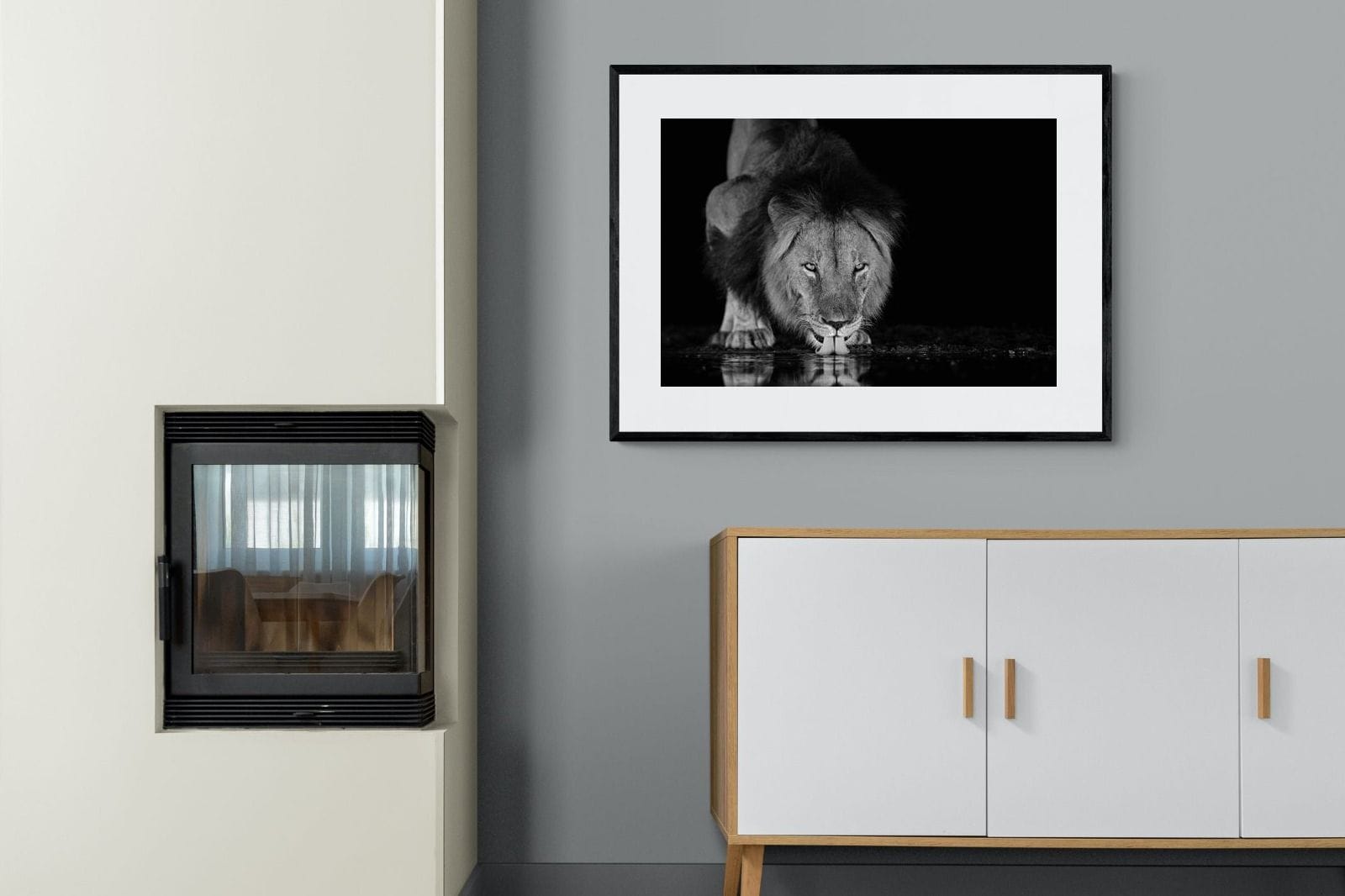 Lion Lake-Wall_Art-100 x 75cm-Framed Print-Black-Pixalot