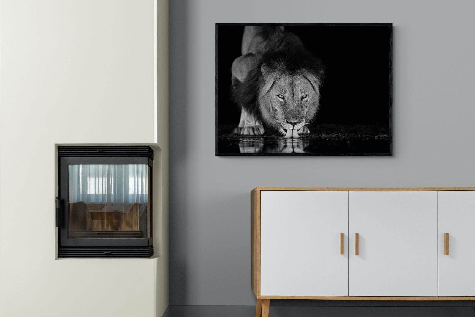 Lion Lake-Wall_Art-100 x 75cm-Mounted Canvas-Black-Pixalot