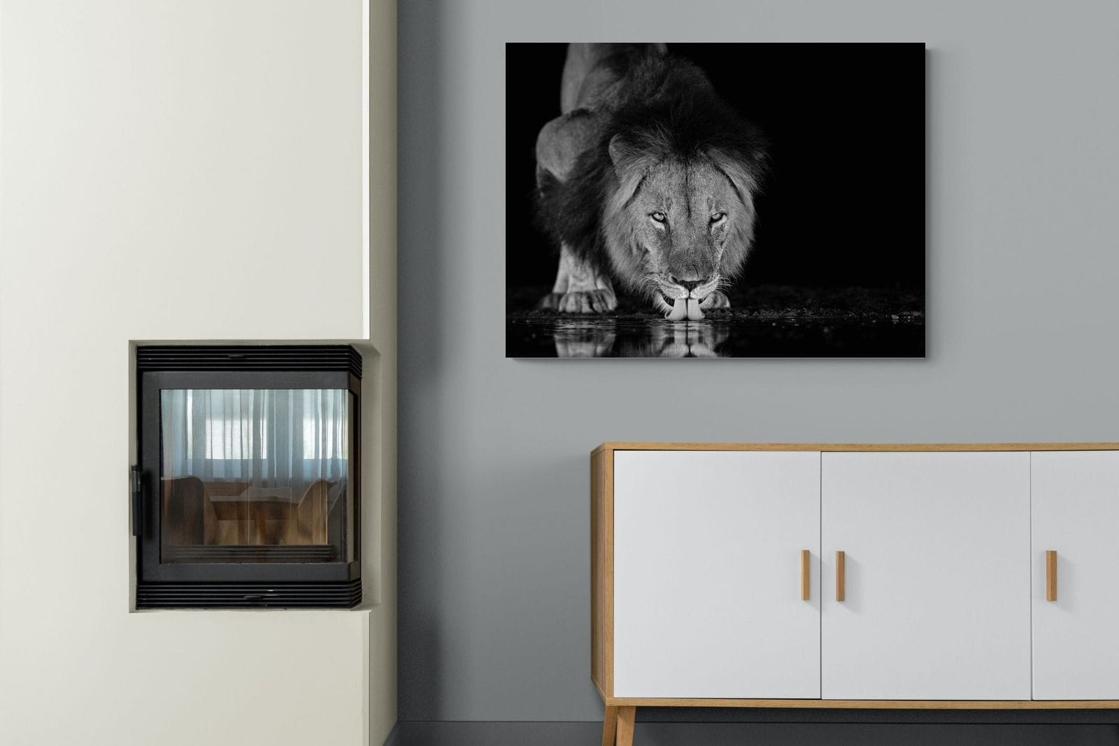 Lion Lake-Wall_Art-100 x 75cm-Mounted Canvas-No Frame-Pixalot