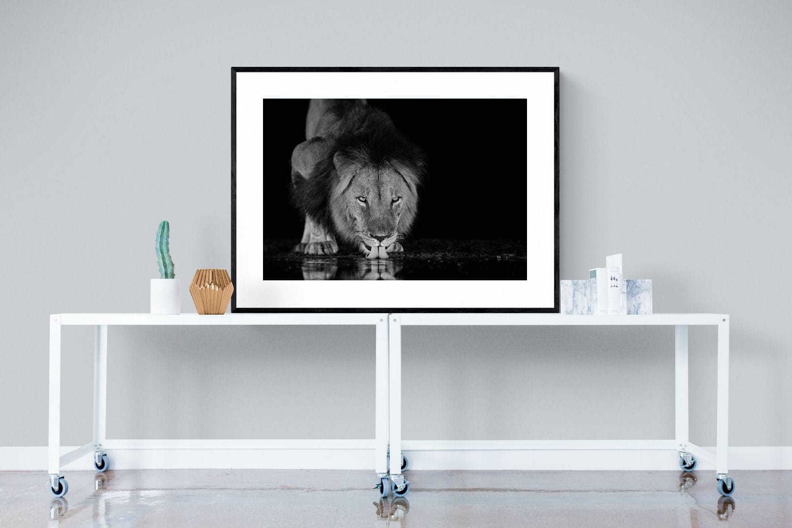 Lion Lake-Wall_Art-120 x 90cm-Framed Print-Black-Pixalot