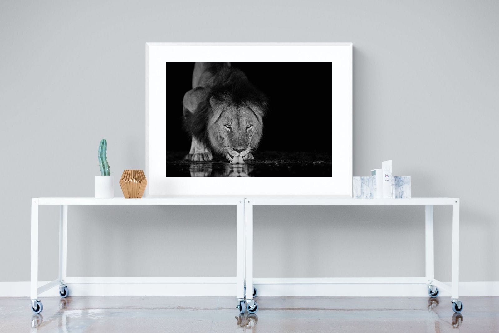 Lion Lake-Wall_Art-120 x 90cm-Framed Print-White-Pixalot