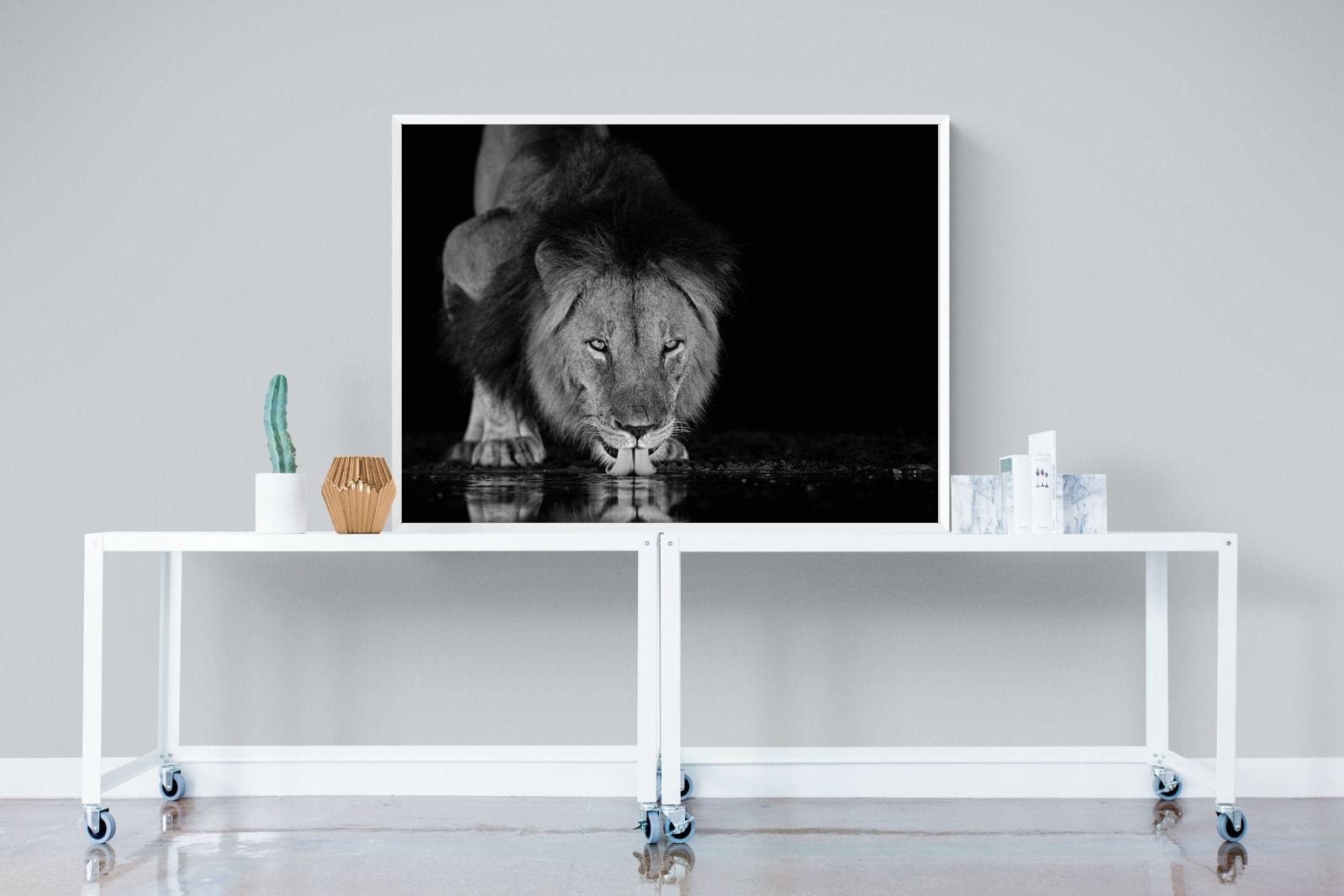 Lion Lake-Wall_Art-120 x 90cm-Mounted Canvas-White-Pixalot