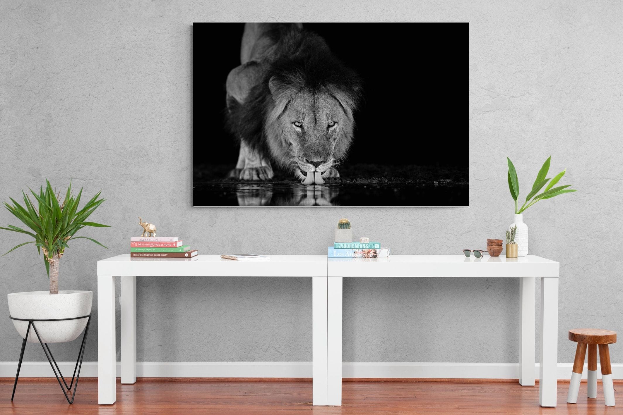 Lion Lake-Wall_Art-150 x 100cm-Mounted Canvas-No Frame-Pixalot