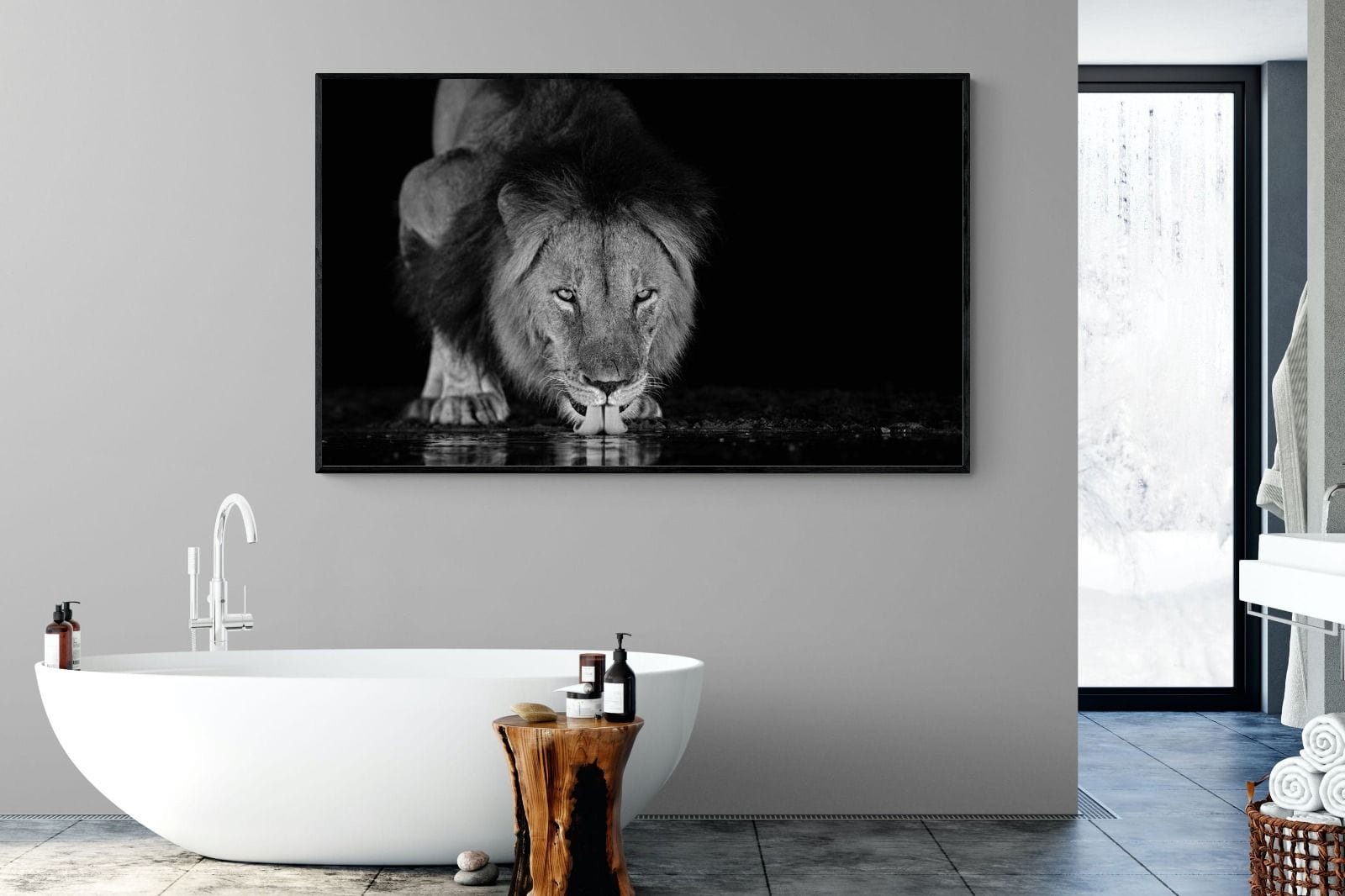 Lion Lake-Wall_Art-180 x 110cm-Mounted Canvas-Black-Pixalot