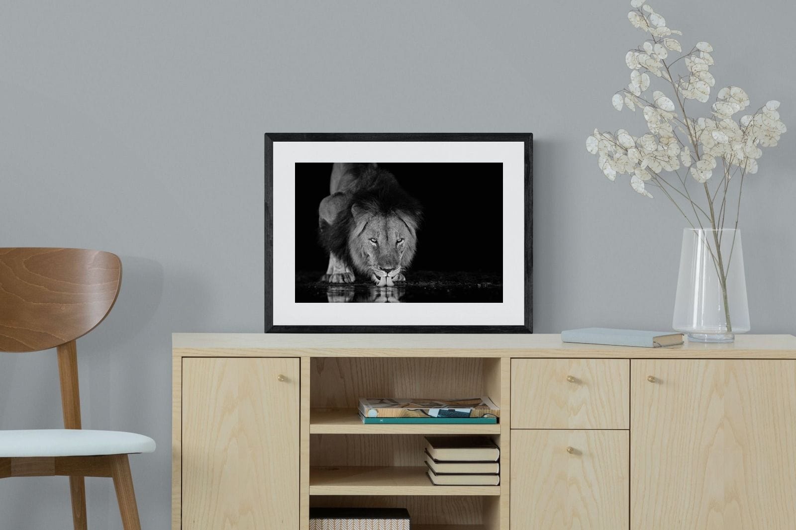 Lion Lake-Wall_Art-60 x 45cm-Framed Print-Black-Pixalot