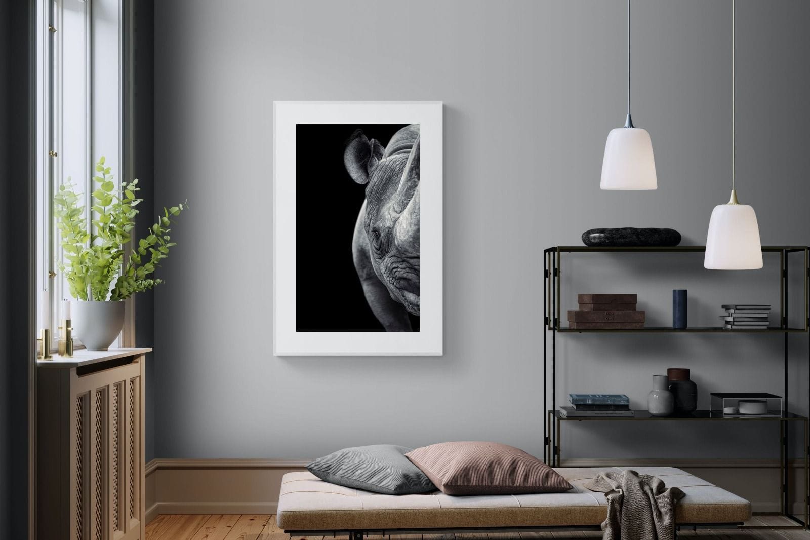 Monochromatic Rhino-Wall_Art-100 x 150cm-Framed Print-White-Pixalot