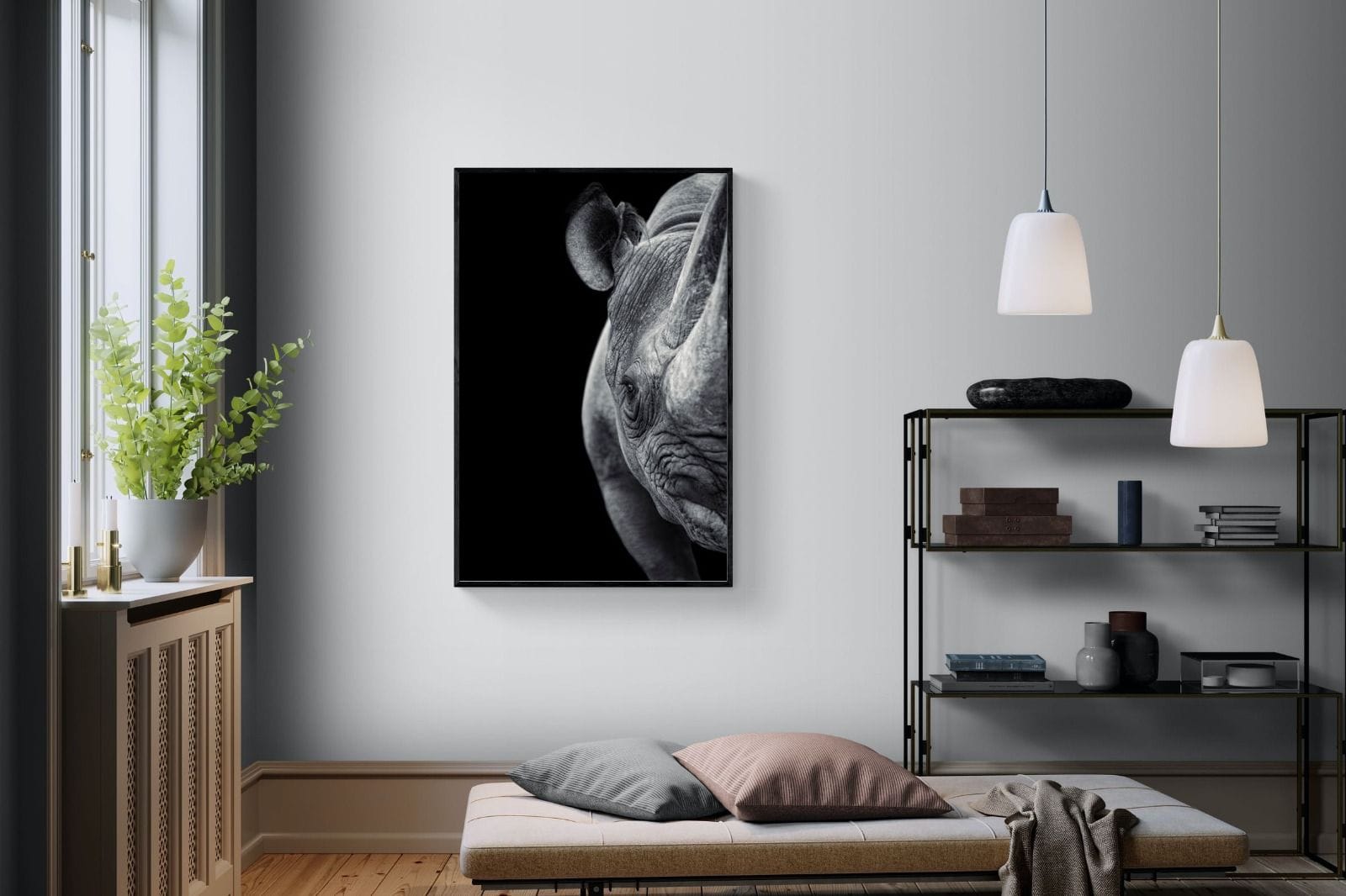 Monochromatic Rhino-Wall_Art-100 x 150cm-Mounted Canvas-Black-Pixalot