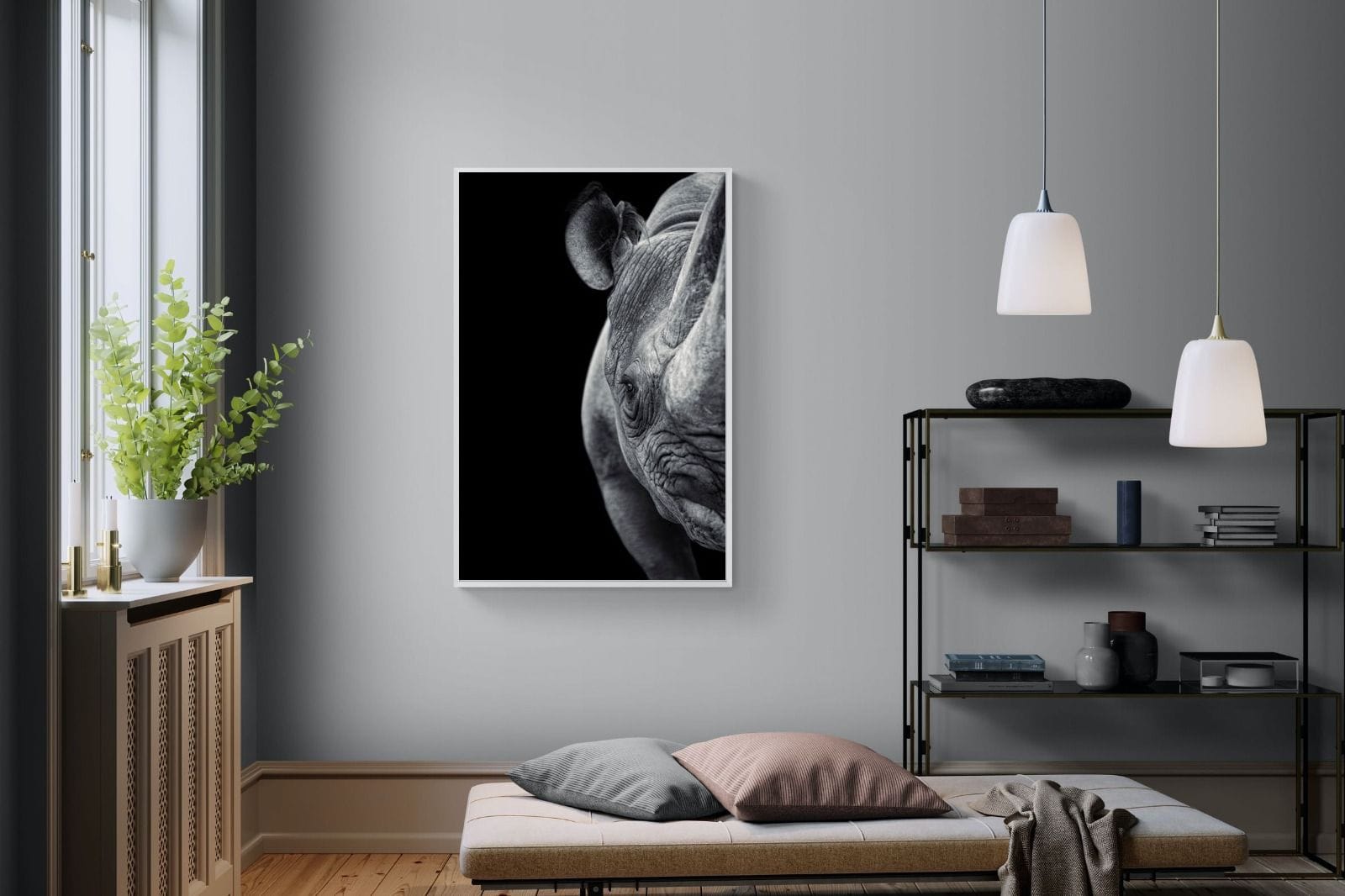 Monochromatic Rhino-Wall_Art-100 x 150cm-Mounted Canvas-White-Pixalot