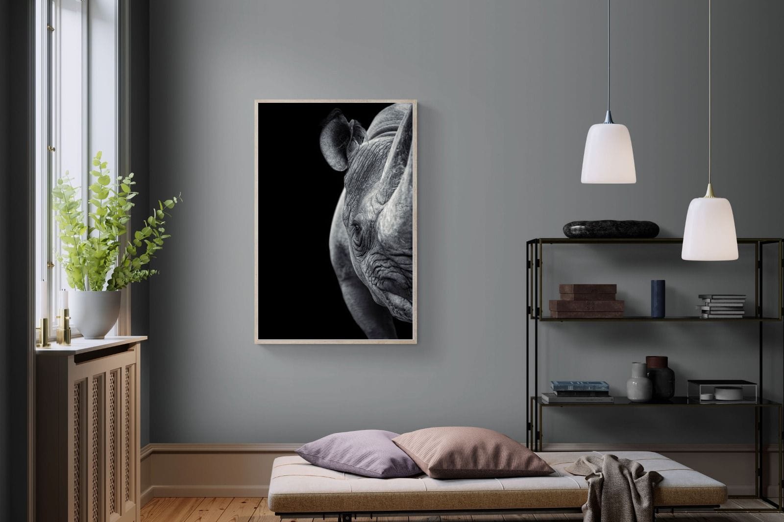 Monochromatic Rhino-Wall_Art-100 x 150cm-Mounted Canvas-Wood-Pixalot