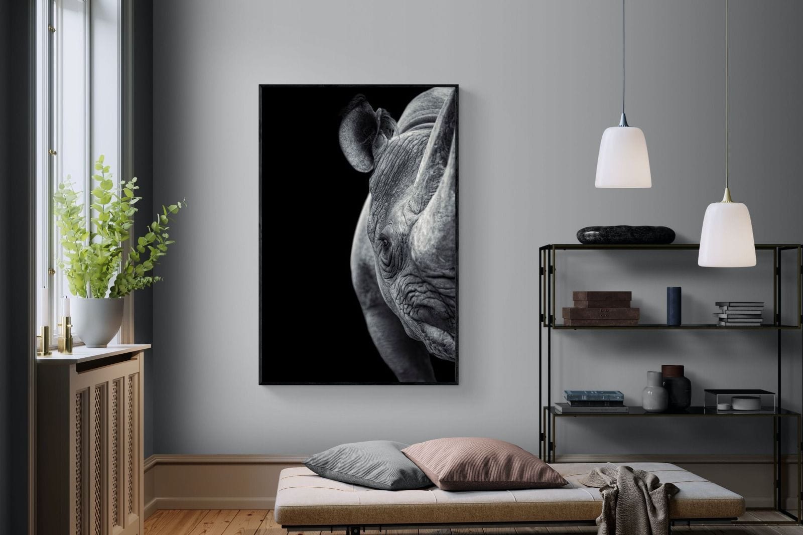 Monochromatic Rhino-Wall_Art-120 x 180cm-Mounted Canvas-Black-Pixalot
