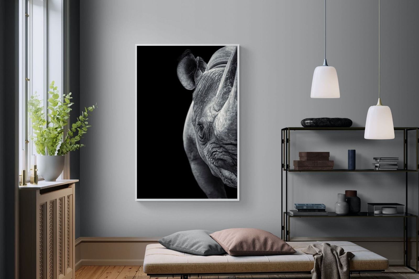 Monochromatic Rhino-Wall_Art-120 x 180cm-Mounted Canvas-White-Pixalot