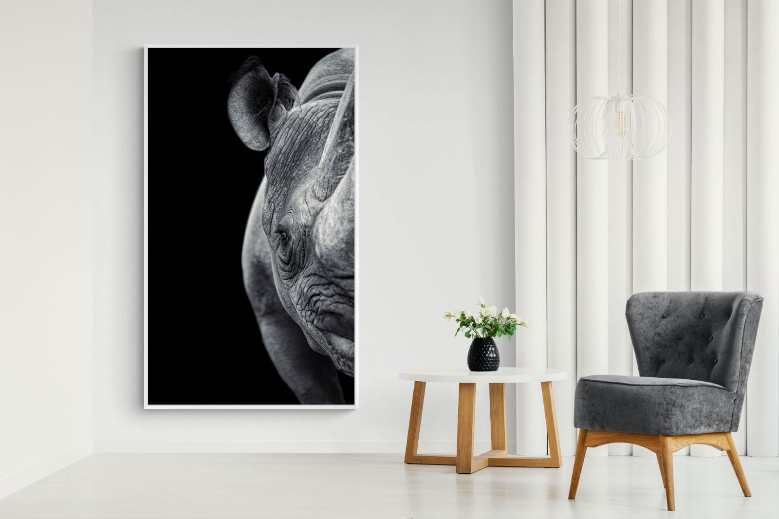 Monochromatic Rhino-Wall_Art-130 x 220cm-Mounted Canvas-White-Pixalot