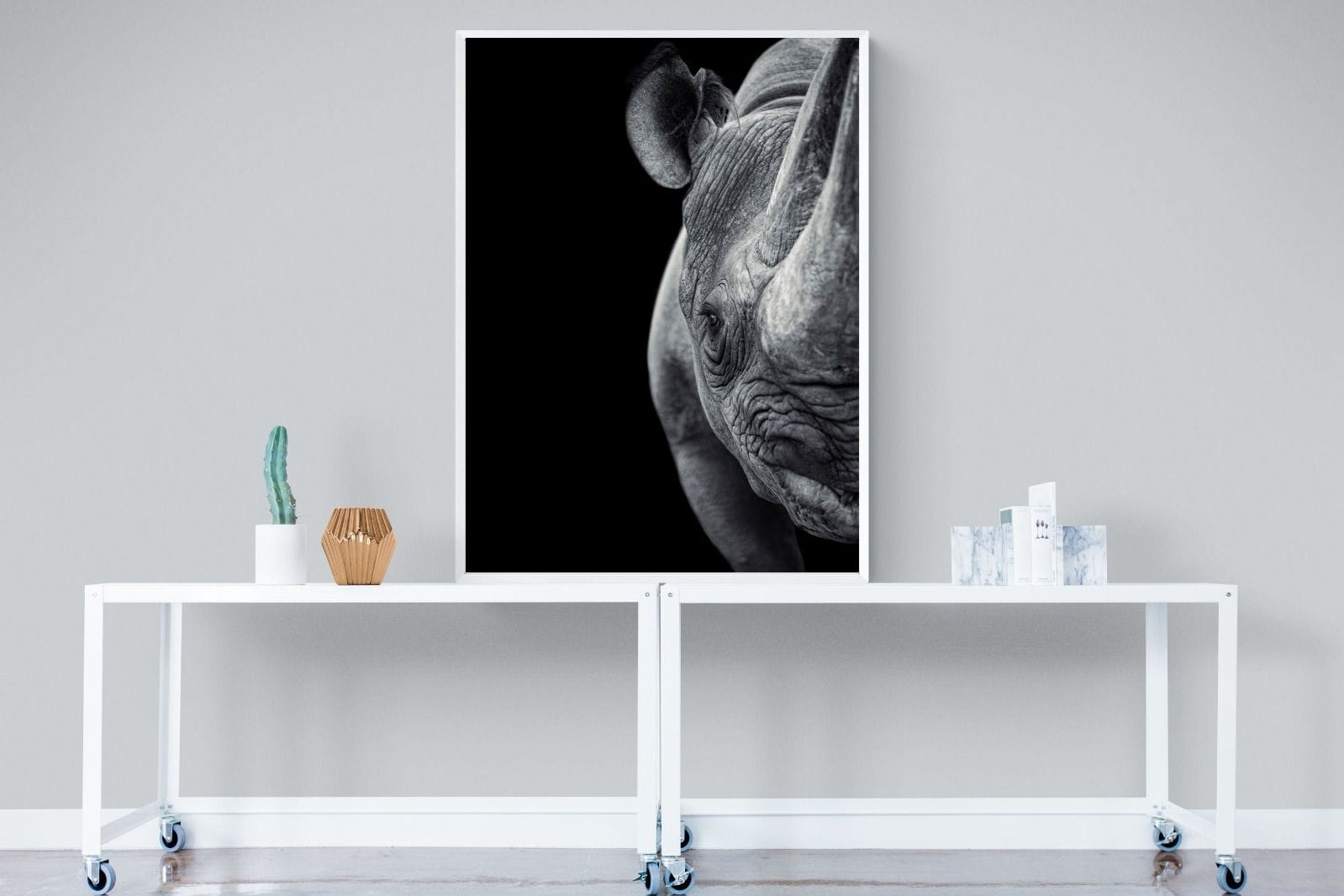 Monochromatic Rhino-Wall_Art-90 x 120cm-Mounted Canvas-White-Pixalot