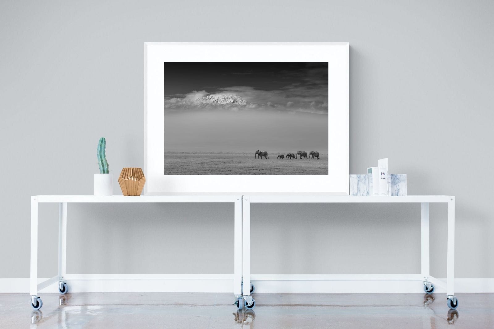 Mountain Elephants-Wall_Art-120 x 90cm-Framed Print-White-Pixalot