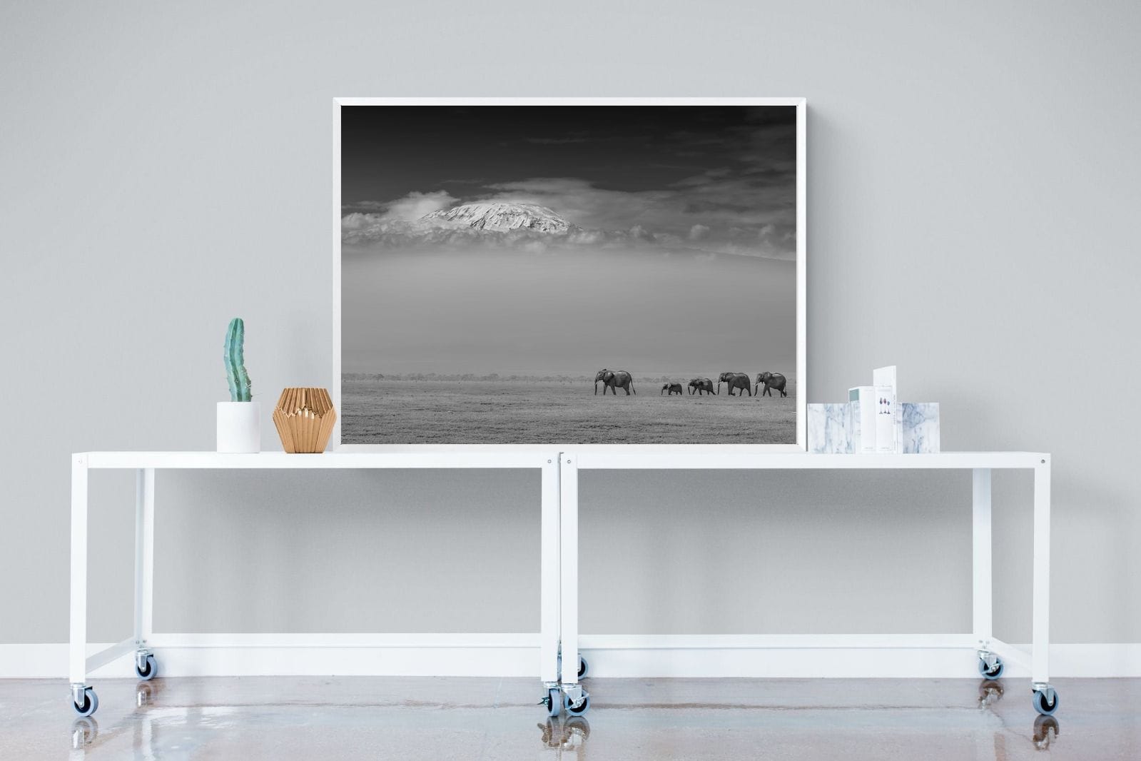 Mountain Elephants-Wall_Art-120 x 90cm-Mounted Canvas-White-Pixalot