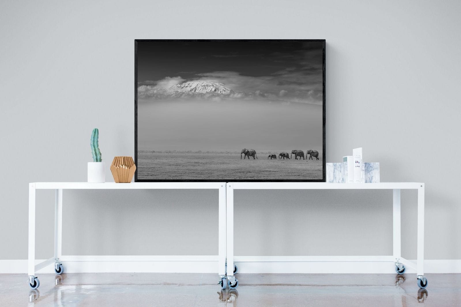 Mountain Elephants-Wall_Art-120 x 90cm-Mounted Canvas-Black-Pixalot