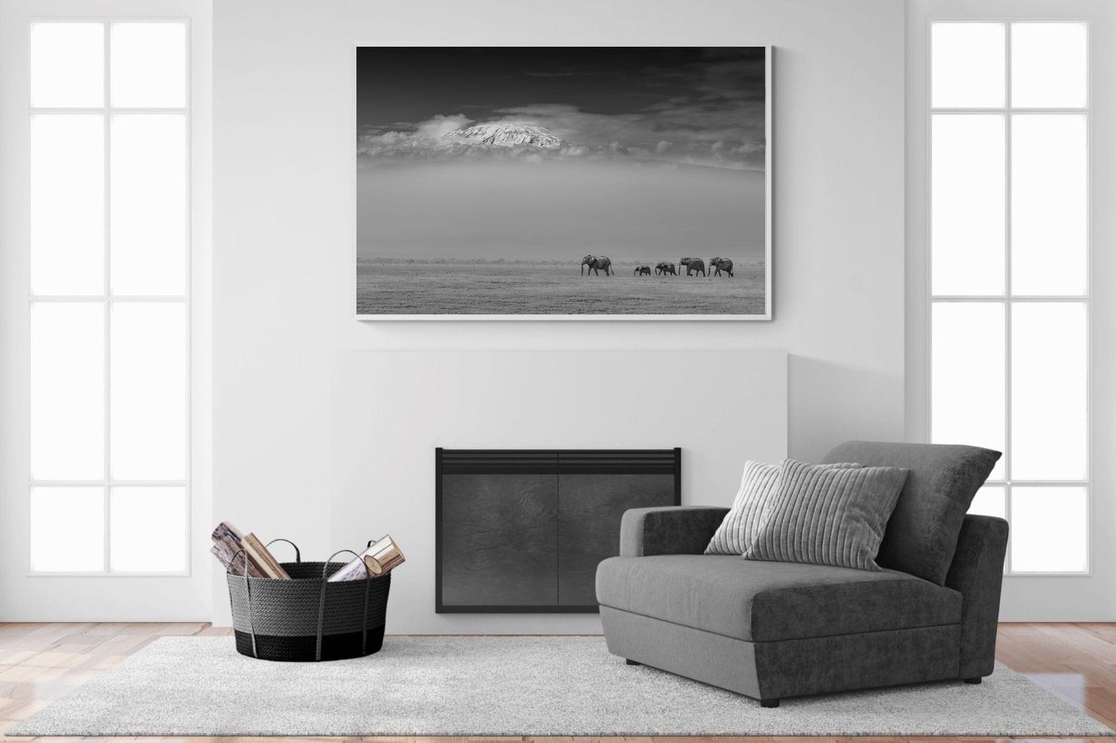 Mountain Elephants-Wall_Art-150 x 100cm-Mounted Canvas-White-Pixalot