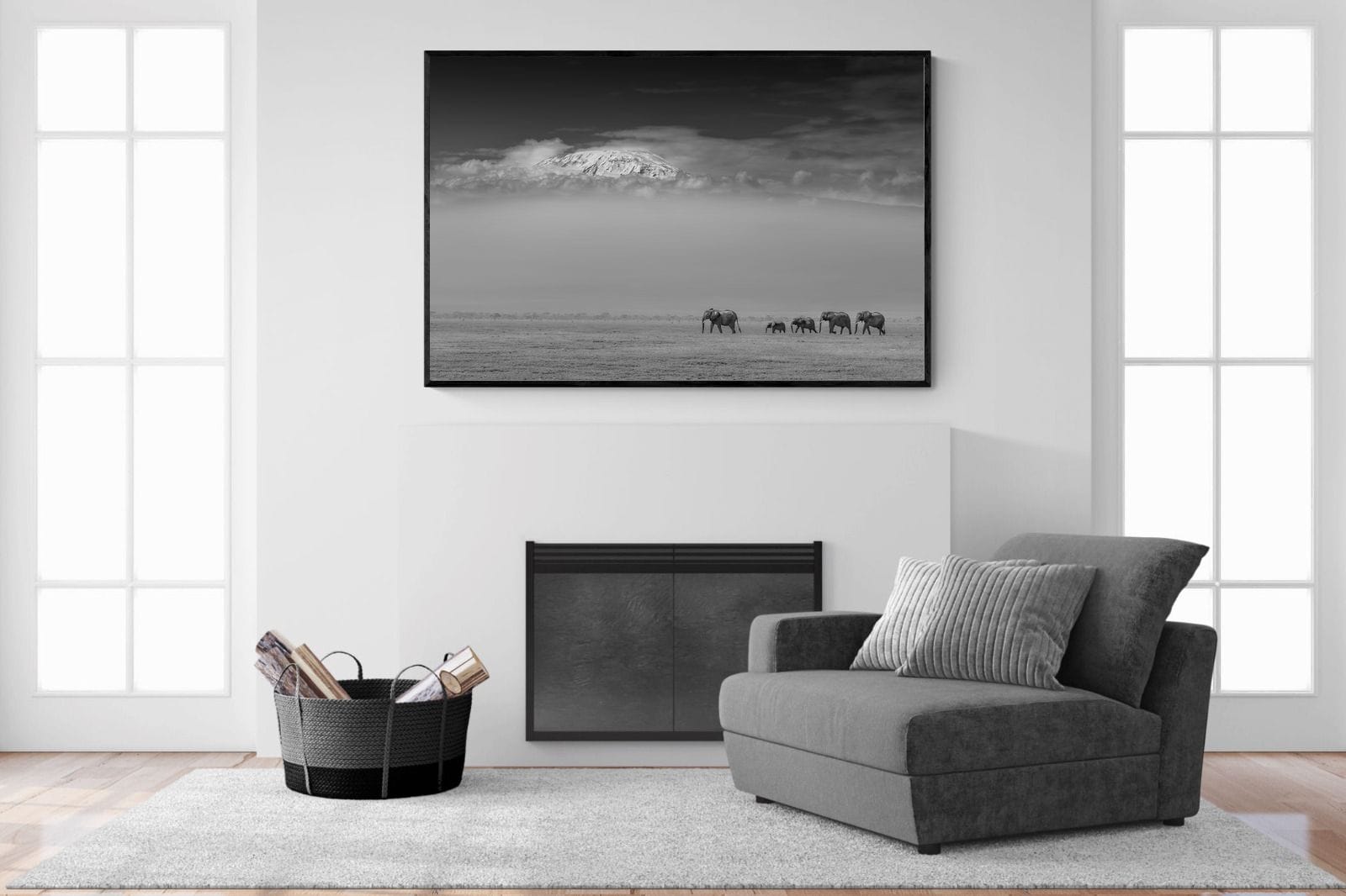 Mountain Elephants-Wall_Art-150 x 100cm-Mounted Canvas-Black-Pixalot