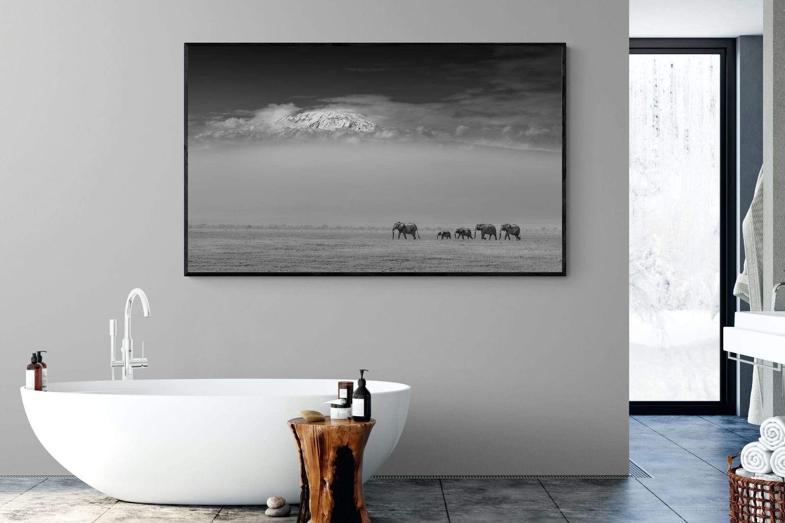 Mountain Elephants-Wall_Art-180 x 110cm-Mounted Canvas-Black-Pixalot