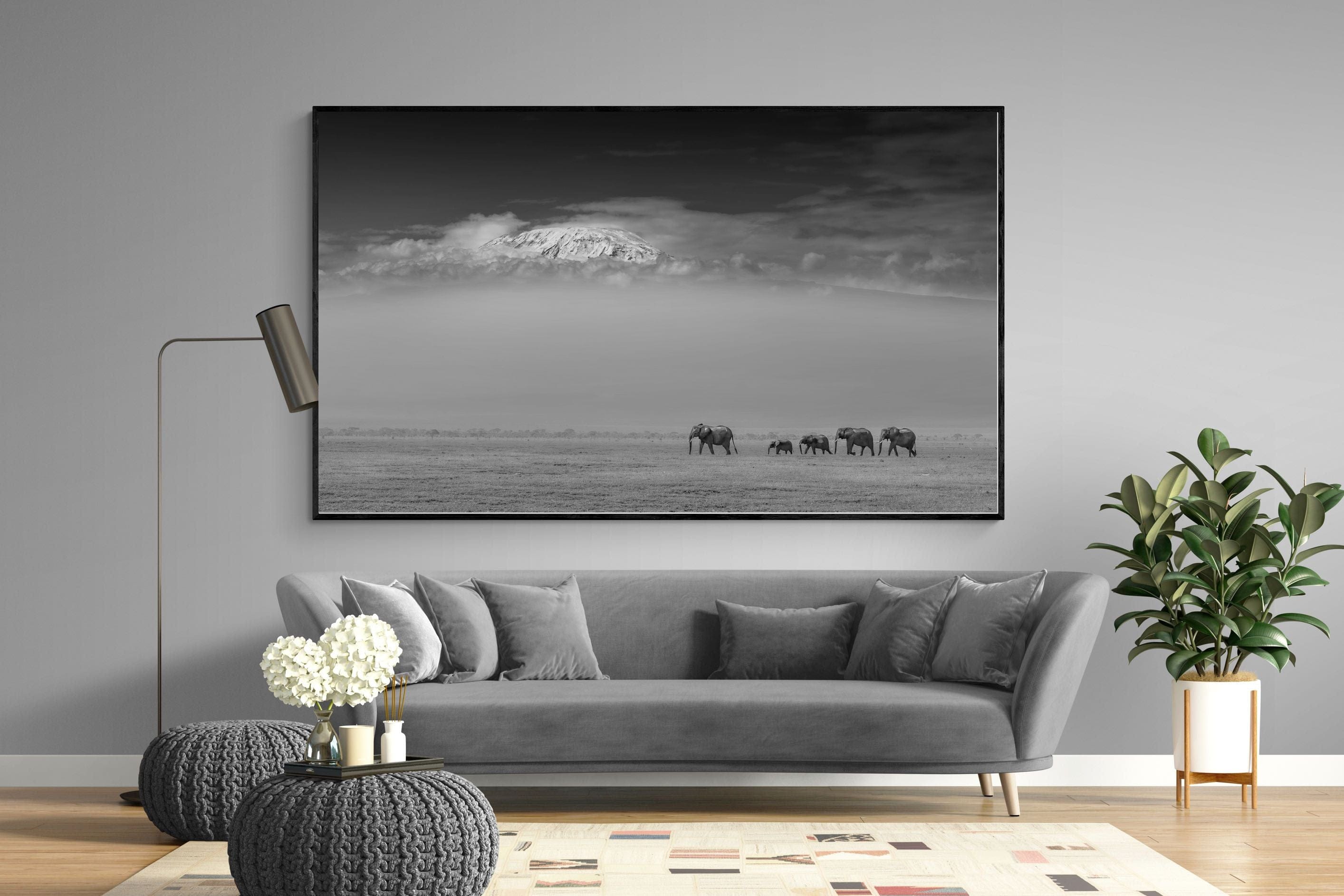 Mountain Elephants-Wall_Art-220 x 130cm-Mounted Canvas-Black-Pixalot
