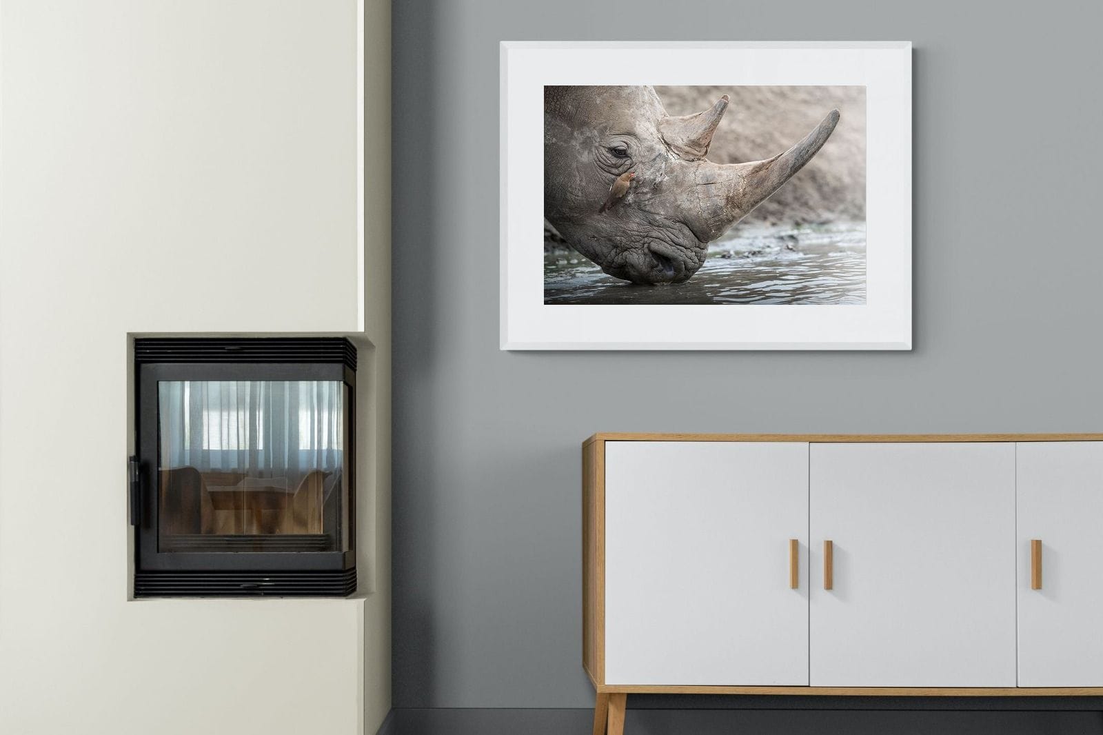Rhino & Friend-Wall_Art-100 x 75cm-Framed Print-White-Pixalot