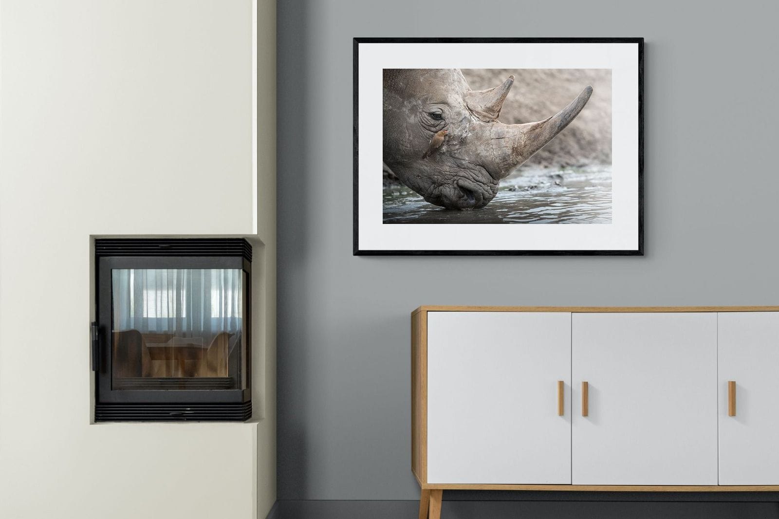Rhino & Friend-Wall_Art-100 x 75cm-Framed Print-Black-Pixalot