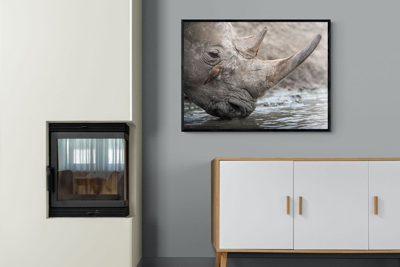 Rhino & Friend-Wall_Art-100 x 75cm-Mounted Canvas-Black-Pixalot