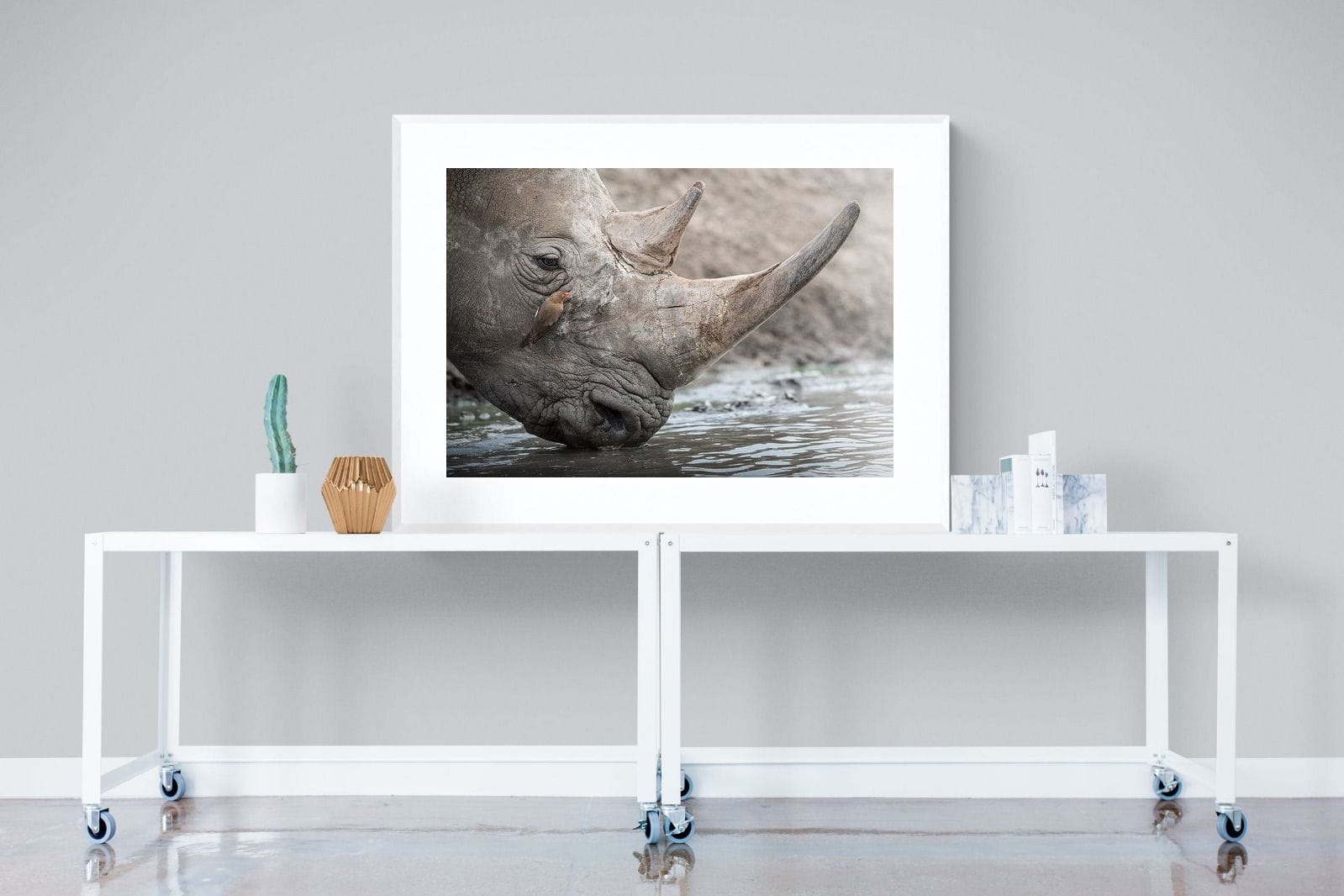 Rhino & Friend-Wall_Art-120 x 90cm-Framed Print-White-Pixalot