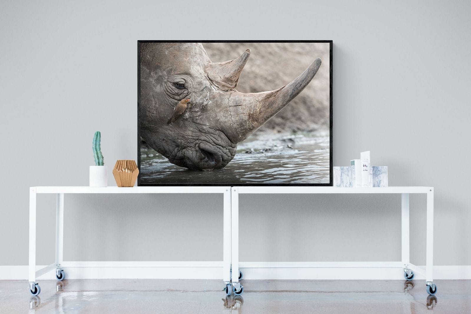 Rhino & Friend-Wall_Art-120 x 90cm-Mounted Canvas-Black-Pixalot