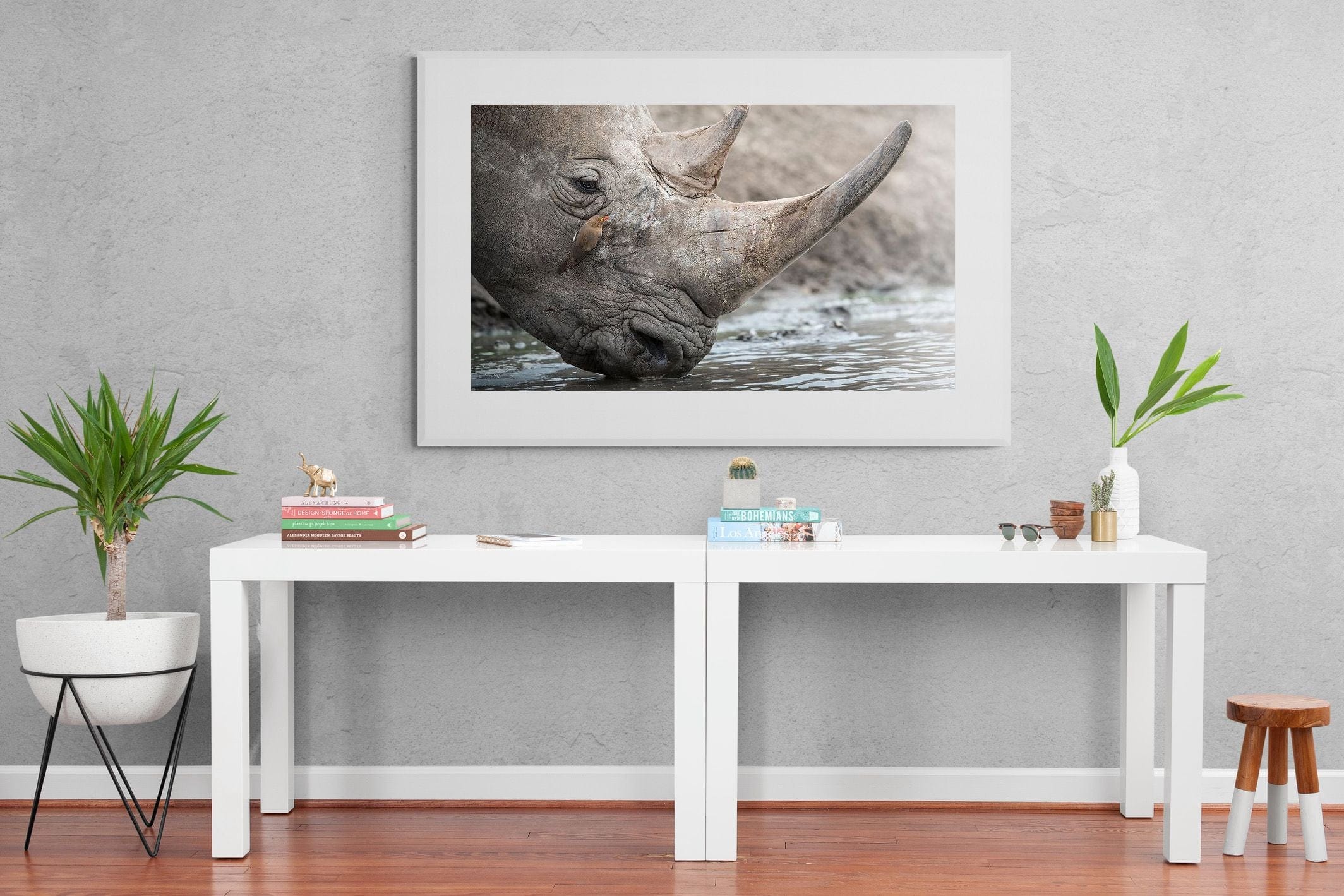 Rhino & Friend-Wall_Art-150 x 100cm-Framed Print-White-Pixalot