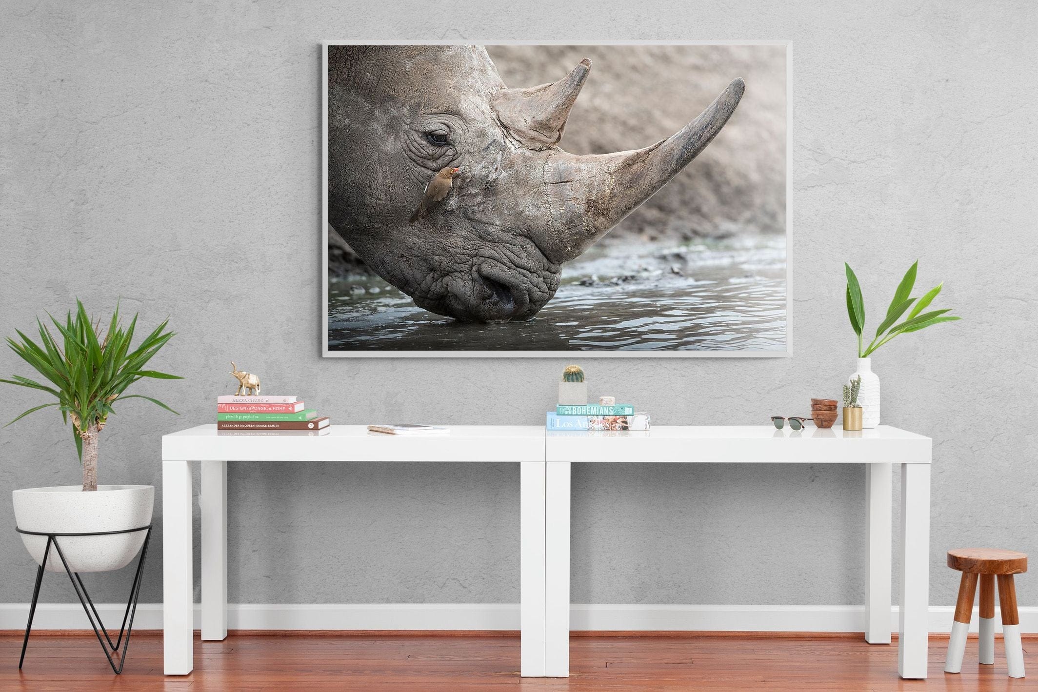 Rhino & Friend-Wall_Art-150 x 100cm-Mounted Canvas-White-Pixalot
