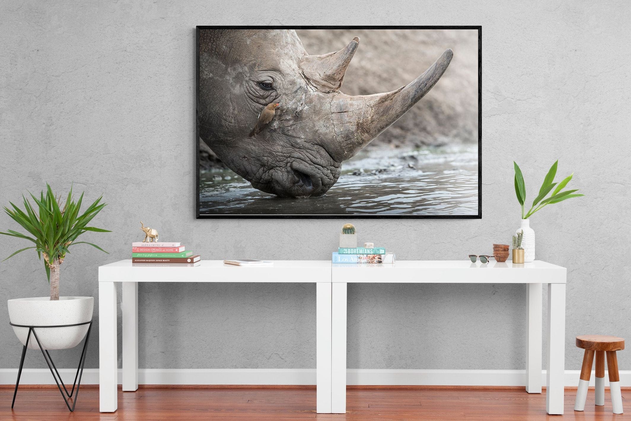 Rhino & Friend-Wall_Art-150 x 100cm-Mounted Canvas-Black-Pixalot